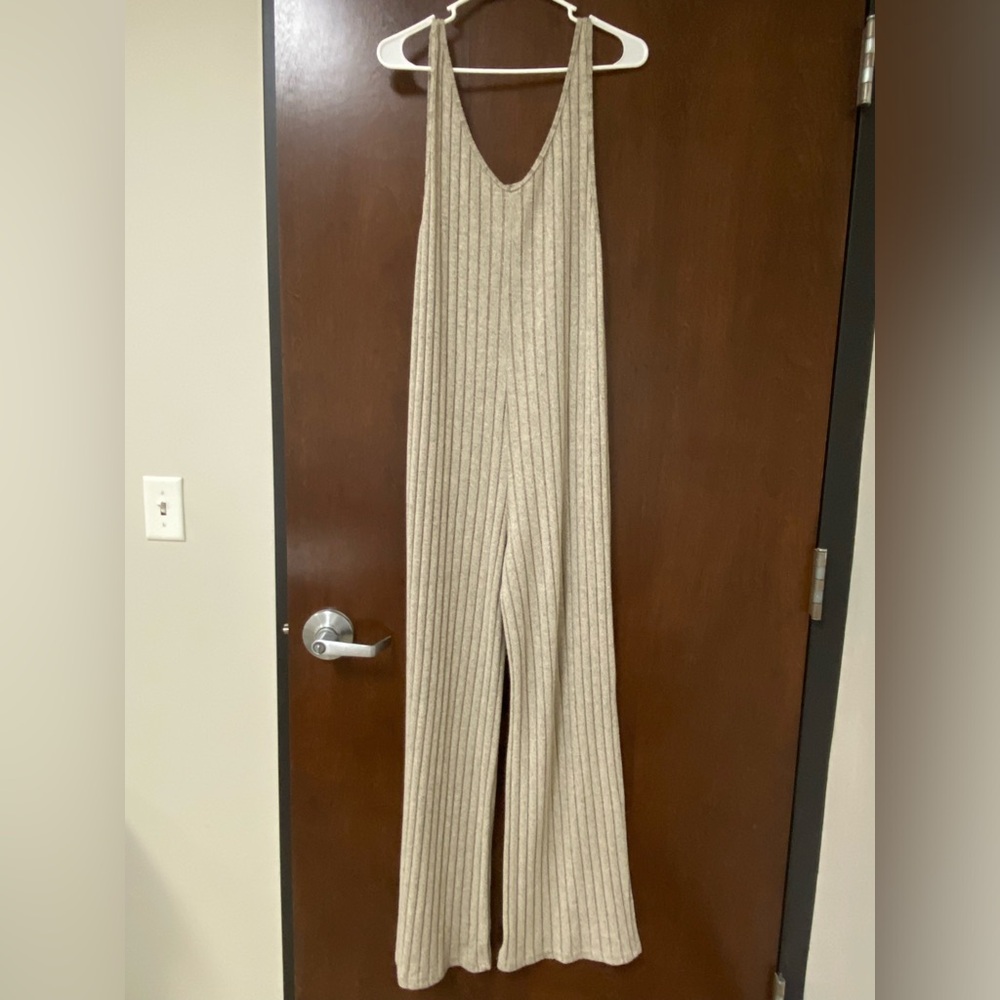 Beige Ribbed Knit Jumpsuit